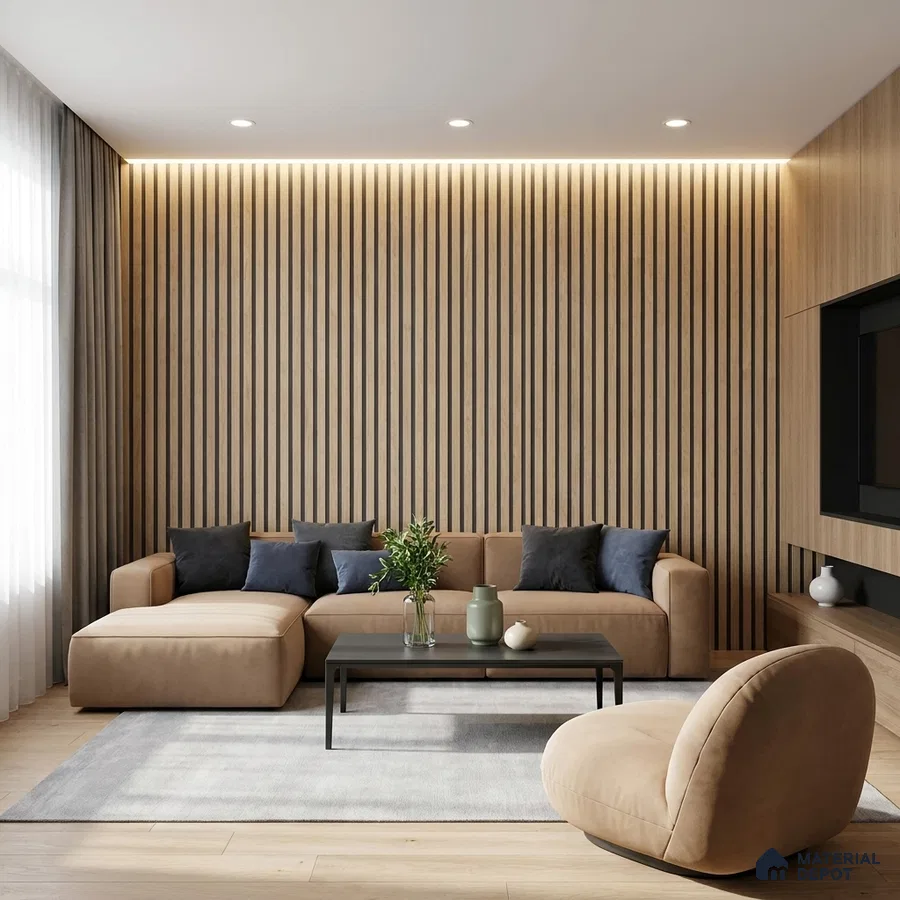 Scandinavian living room with oak wood fluted wall panels and beige suede sofa