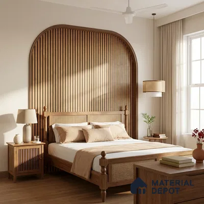 Scandinavian bedroom with natural wood slat accent wall and cane bed