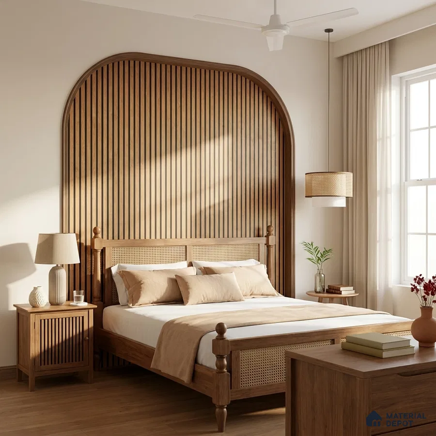 Scandinavian bedroom with natural wood slat accent wall and cane bed
