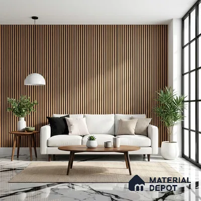 Modern living room with wooden fluted wall panels and white marble floor tiles