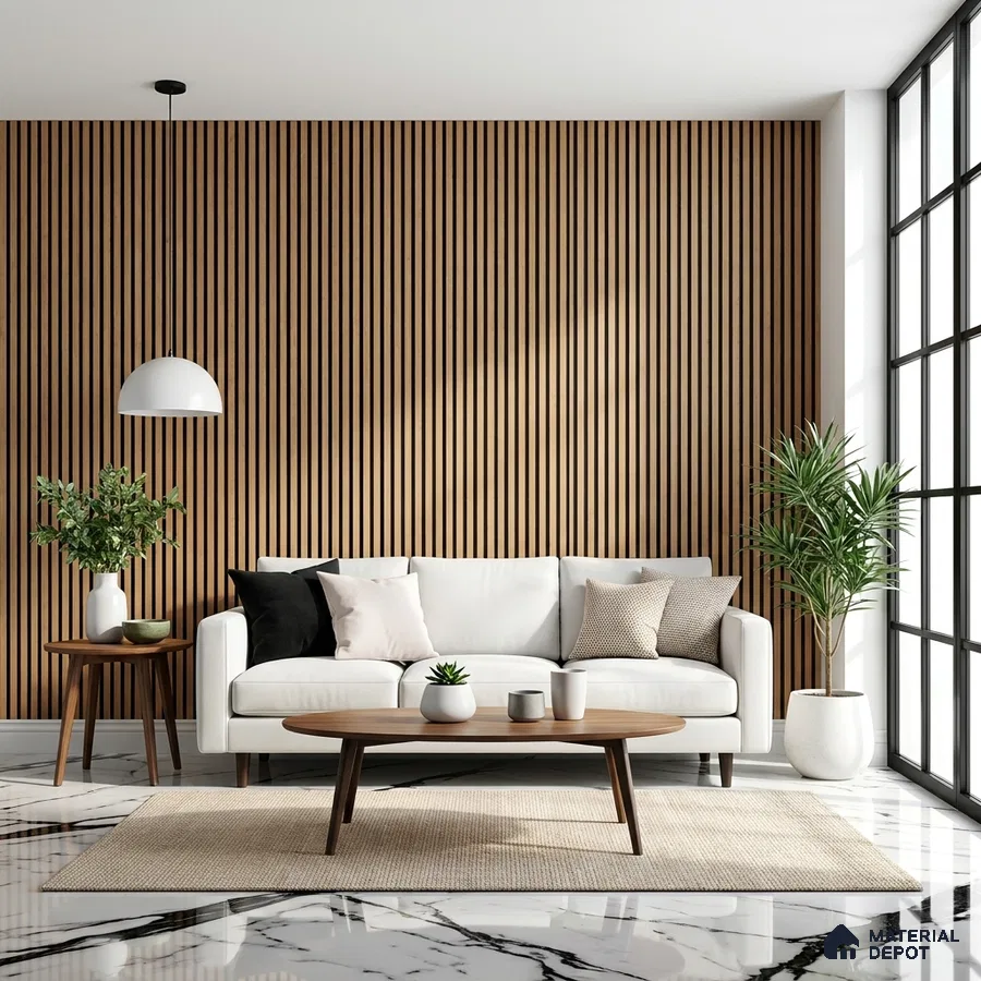 Modern living room with wooden fluted wall panels and white marble floor tiles