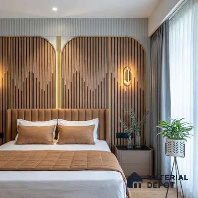 Modern bedroom with walnut wood fluted wall panels and tan suede upholstered bed