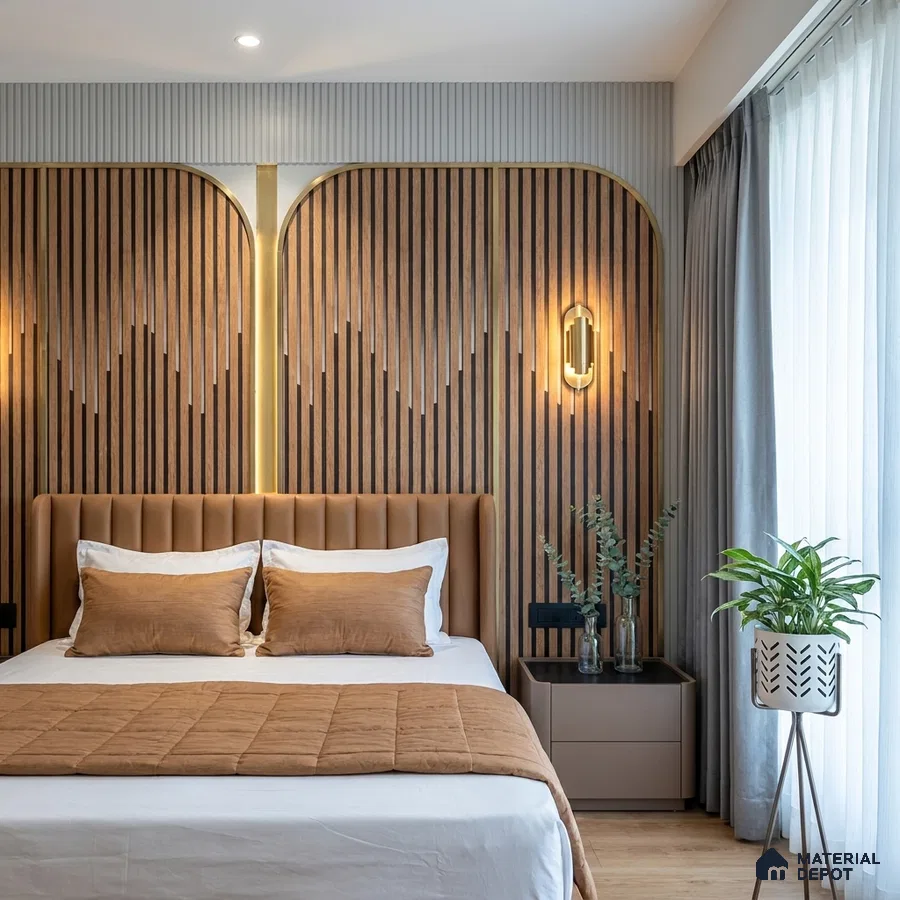 Modern bedroom with walnut wood fluted wall panels and tan suede upholstered bed