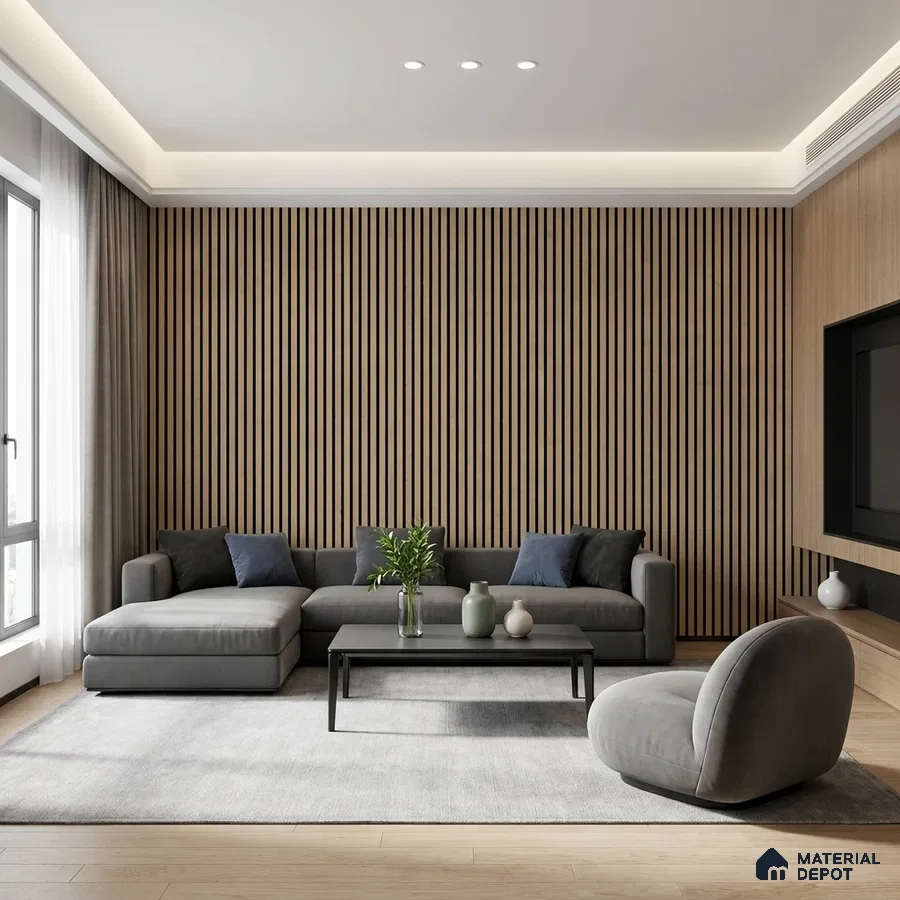 Minimalist living room with oak wood fluted wall panels and grey upholstered sofa