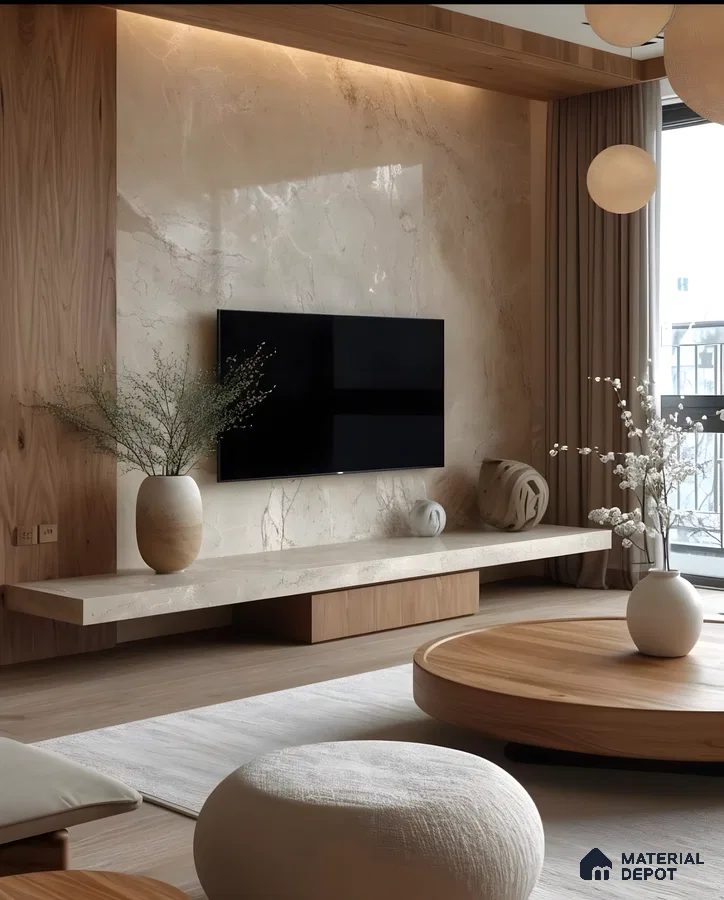 Zen-Inspired Living Room With Natural Stone And Wood Accents | Material Depot