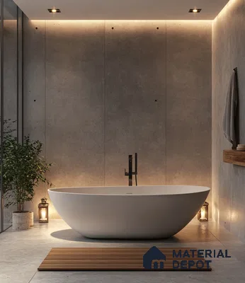 Zen Retreat: Tranquil Spa-like Bathroom with Minimalist Design and Ambient Lighting | Material Depot
