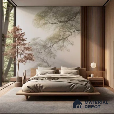 Zen-Inspired Bedroom with Forest Wall Mural and Wood Details | Material Depot
