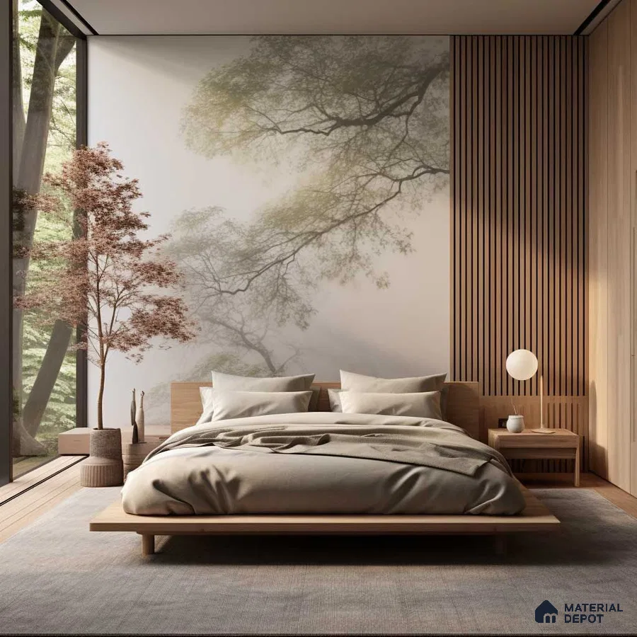Zen-Inspired Bedroom with Forest Wall Mural and Wood Details | Material Depot